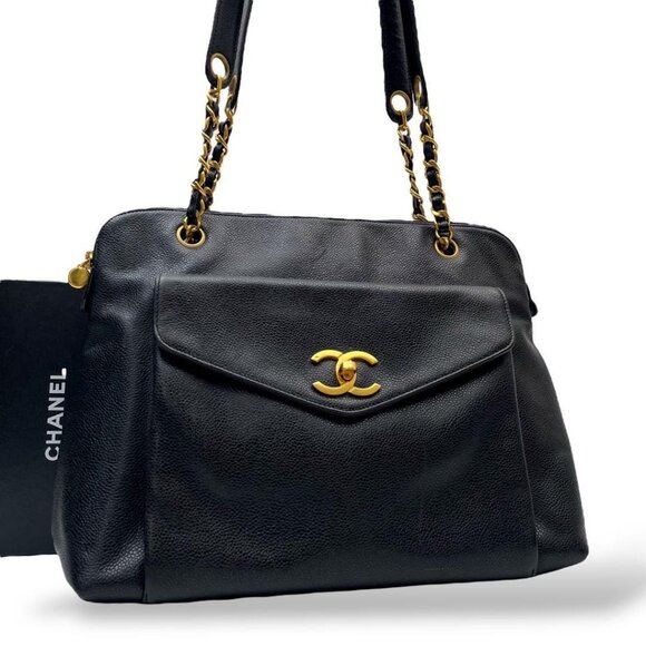 CHANEL Vintage Classic Caviar CC Shoulder Black Flap Bag Purse Chain Tote